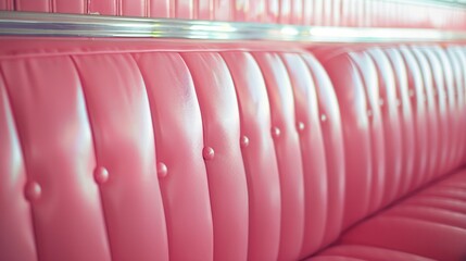 Classic diner-style pink upholstered bench seating with button tufting along an empty restaurant's curved counter area. Retro vibe.