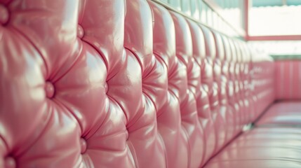 Vintage pink tufted diner bench with a retro vibe, beside large windows, likely in a nostalgic...