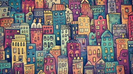 Colorful, whimsical illustration of a dense cluster of variously shaped houses and buildings in a fantastical cityscape.