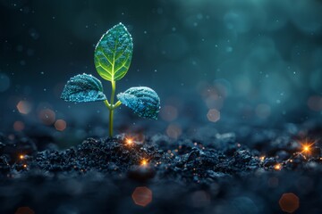 Growing plant in a digital futuristic style. Young growth breaks through the ground, symbolizing strength and indestructibility. Wireframe modern illustration on a dark night with light effect. - obrazy, fototapety, plakaty