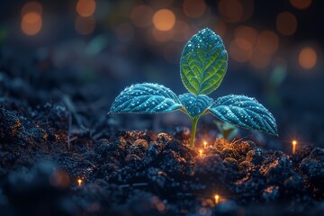 In this illustration, young plants break through the ground, illustrating strength and indestructibility. The image is wireframed and depicts a dark night with a light effect.