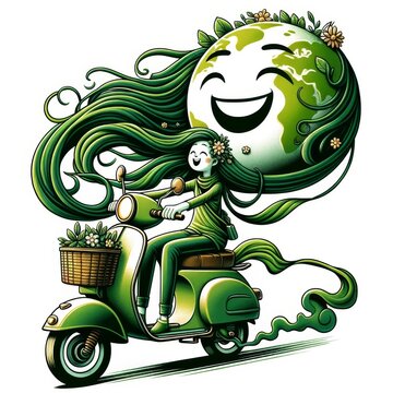 Illustrate a character with a joyful expression riding a scooter, featuring a unique twist where the front basket is replaced by a smiling globe. 