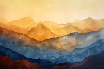 : A serene landscape of abstract mountains, glowing with warm hues, immersed in the quiet atmosphere of a gentle morning.