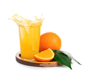Board and glass of fresh orange juice with splashes on white background