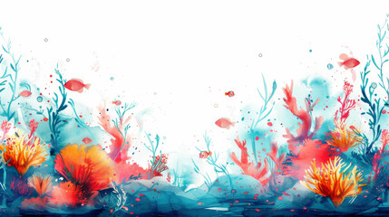 Underwater Coral Scene in watercolor style with white background and colorful fishes
