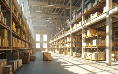 A retail warehouse full of shelves and merchandise housed in cardboard boxes. Logistics and distribution warehouse center