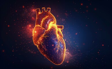 The heart. Low poly wireframe style. Technology and innovation in medicine. Abstract illustration isolated on dark blue background. Particles are connected geometrically. - obrazy, fototapety, plakaty