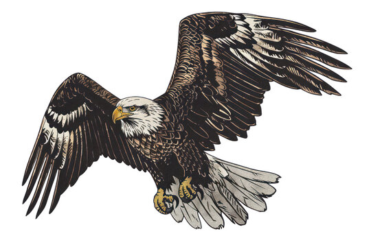 Colored picture of eagle, woodcut, old vintage style, hand drawn simple graphics, isolated on white background.