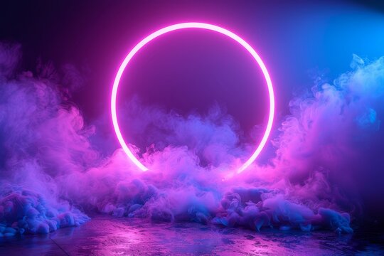 A neon ring on a violet background with fog and star dust. The picture is a visualization of futuristic cyberspace with a round frame full of light and smoke.