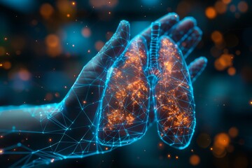 A polygonal wireframe composition depicts lungs in hand. Abstract isolated on dark blue background. Shapes are connected geometrically, suggesting a pulmonologist. - obrazy, fototapety, plakaty