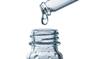 Drop of water falling from glass lab pipette in transparent bottle on white background.