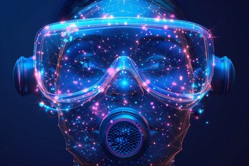 A protective face mask constructed in low poly wireframe style. Protects against viruses, bacteria and smog. Symbol of flu protection. Abstract polygonal shape isolated on blue background. - obrazy, fototapety, plakaty