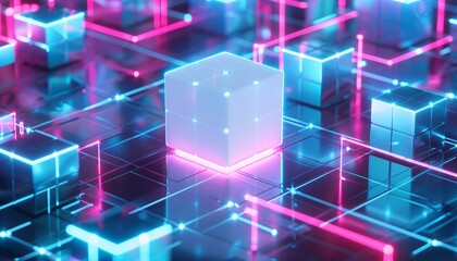 Obraz premium Pink and Blue Neon Cube A Futuristic, Colorful, and Eye-Catching 3D Artwork Generative AI