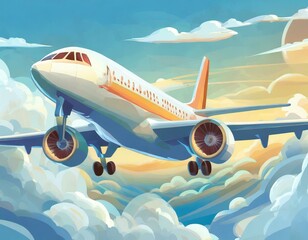 vector illustration of an airplane soaring through the clouds, capturing the essence of travel and adventure in a sleek and modern design