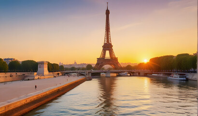 View of Eiffel Tower and river Seine at sunrise in Paris, France. Eiffel Tower is one of the most iconic landmarks of Paris - obrazy, fototapety, plakaty