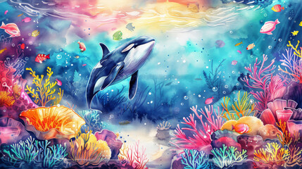Underwater Coral Scene in watercolor style with orca whale and colorful fishes