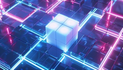 Neon Pixel Art A Glowing 3D Cube in a Rainbow-Colored Maze Generative AI