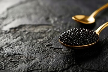 black caviar and a gold spoon on the table, black caviar closeup, caviar closeup, healthy food,...