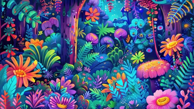 Vibrant, colorful illustration of an enchanted forest with neon hues, mystical flora, and a fantasy-filled atmosphere at nighttime.
