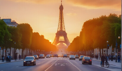 Champs-Elysees at sunset in Paris - obrazy, fototapety, plakaty
