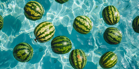 overhead view of watermelons floating in a summer swimming pool - obrazy, fototapety, plakaty