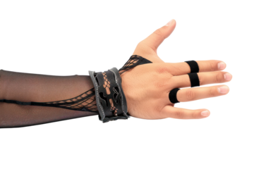 human hand with a wrist brace, orthopedic equipment isolated on white background 