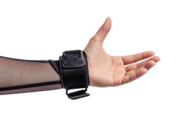 human hand with a wrist brace, orthopedic equipment isolated on white background 