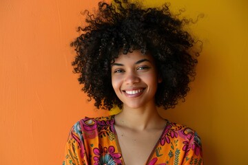 Happy young woman with afro hairstyle against colored background - generative ai - obrazy, fototapety, plakaty