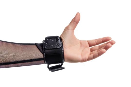 human hand with a wrist brace, orthopedic equipment isolated on white background 