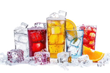 
Ice cubes and different soda drinks on white background isolated on white background.