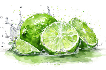 
illustration of fresh lime fruit with water splash on white background on white background.