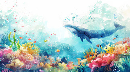 Fototapeta na wymiar Underwater Coral Scene in watercolor style with blue whale and colorful fishes