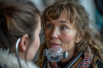 Produce an image of a respiratory therapist instructing a patient in proper use of a home nebulizer - obrazy, fototapety, plakaty