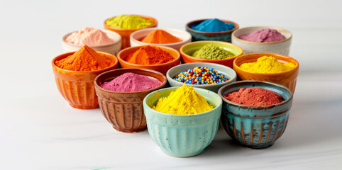 Powder Colors in Bowls on a White Background. A row of bowls filled with different colored powders. The bowls with each bowl containing a different color of powder. colors range from light to dark. - obrazy, fototapety, plakaty