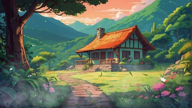 Serene 4k video footage showcasing a charming house surrounded by a blooming garden against the backdrop of a green hill during the early morning.