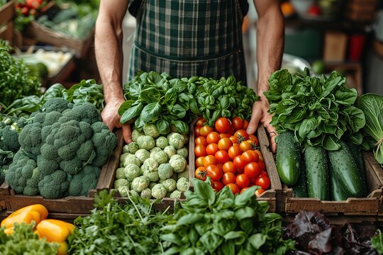 Show a person shopping for fresh vegetables and herbs at a local farmers' market