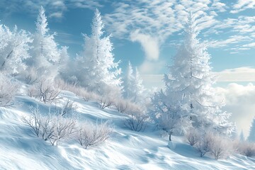 : A snowy hillside, with frost-covered trees and a peaceful atmosphere