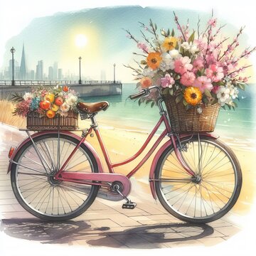 Retro bicycle with flowers on the seashore. Watercolor style illustration
