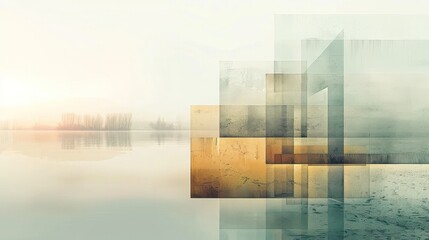 Abstract geometric shapes overlay a tranquil lakeside scene, blending natural beauty with digital...