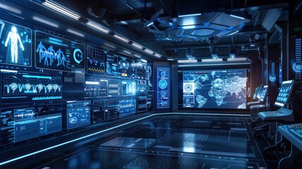 Futuristic command center with advanced digital screens displaying global data, health statistics, and maps in a high-tech, sleek environment.