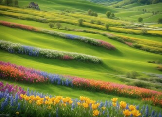 Vibrant Mountainous Flowers and Meadows Landscape Illustration