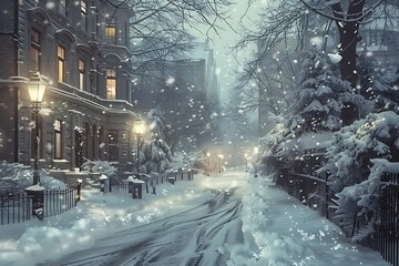 : A snowy street, with a peaceful atmosphere and a blanket of snow