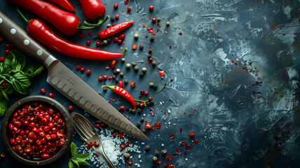 A gastronomic spread of kitchen essentials with a sharp knife, fork, coarse sea salt, and fiery red chili peppers on a rustic blue backdrop
