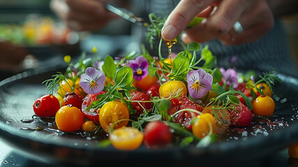 A professional chef carefully garnishing a vibrant, organic salad with edible flowers, crisp greens, and colorful heirloom tomatoes on a sleek black plate - Powered by Adobe