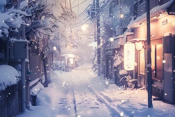: A snowy street, with a peaceful atmosphere and a blanket of snow