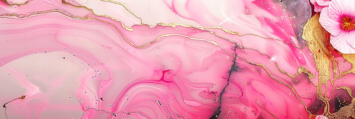 Colorful Fluidity: A Vibrant Mix of Pink, Blue, and Gold Paint Splashes on a Watercolor Background