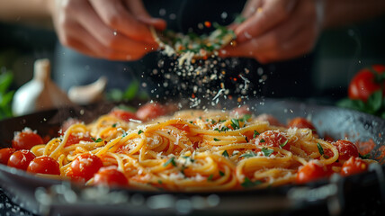 Close-up of a professional cook's hands sprinkling fine herbs over a steaming dish of linguine with...