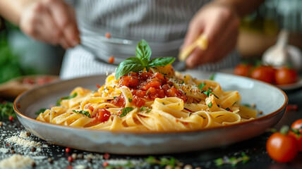 Expert hands finishing a plate of al dente fettuccine with a rich tomato sauce, garnishing with herbs, in a sunlit, rustic kitchen setting