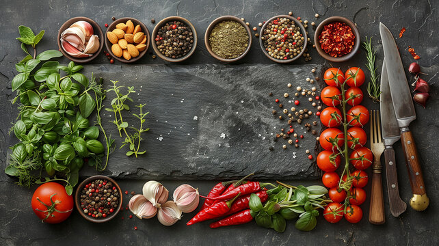 culinary still life featuring chef's knife and fork with an assortment of fresh herbs, spices, and condiments artfully arranged around a slate board