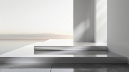 Minimalistic white room interior design with a platform stage and sunlight casting shadows on a clean wall and floor.